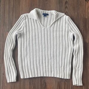 J crew chunky knit polo sweater 100%cotton cream Large preppy V-neck heavyweight